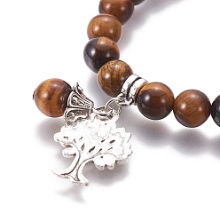 Tiger Eye Chakra Jewelry, Natural Tiger Eye Bracelets, with Metal Tree Pendants, 50mm