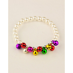 White Fashion Imitation Acrylic Pearl Stretchy Bracelets for Kids, with Brass Bell Pendants, for Christmas, White, 45mm