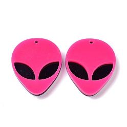 Deep Pink Opaque Acrylic Pendants, Alien Face, Deep Pink, 35.5x29.5x4mm, Hole: 1.8mm