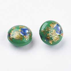 Green Flower Printed Resin Beads, Flat Round, Green, 16.5x9mm, Hole: 2mm