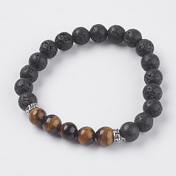 Tiger Eye Natural Lava Rock and Natural Tiger Eye Beads Stretch Bracelets, with Alloy Finding, 2 inch(52mm)