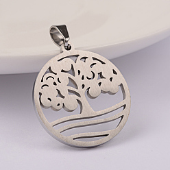 Mixed Color 304 Stainless Steel Pendants, Flat Round with Tree, Mixed Color, 27x25x2mm, Hole: 6x4mm