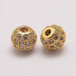 Golden Brass Micro Pave Cubic Zirconia Beads, Round, Golden, 6x5.5mm, Hole: 2mm
