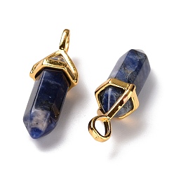 Sodalite Natural Sodalite Pendants, Faceted, with Golden Tone Brass Findings, Lead free & Cadmium Free, Bullet, 27~30x9~10x7~8mm, Hole: 4x3mm