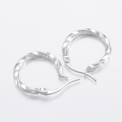 Silver 304 Stainless Steel Hoop Earrings, Hypoallergenic Earrings, Twisted Ring Shape, Silver, 21x20x2.5mm, 10 Gauge, Pin: 1x0.8mm