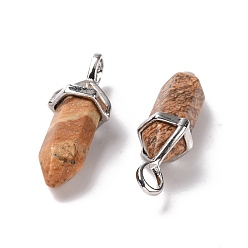 Picture Jasper Natural Picture Jasper Pendants, Faceted, with Platinum Tone Brass Findings, Lead free & Cadmium Free, Bullet, 27~30x9~10x7~8mm, Hole: 4x3mm