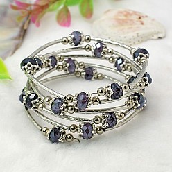 Dark Slate Blue Fashion Wrap Bracelets, with Rondelle Glass Beads, Tibetan Style Bead Caps, Brass Tube Beads and Steel Memory Wire, DarkSlate Blue, Inner Diameter: 55mm