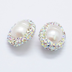 Blanc Culture des perles perles d'eau douce naturelles, avec argile polymère strass, ovale, blanc, 16~19x14~15x9~10mm, Trou: 0.5mm