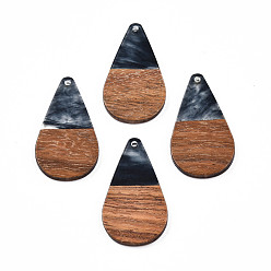 Black Transparent Resin & Walnut Wood Pendants, Teardrop Shape Charm, Black, 38x22x3mm, Hole: 2mm