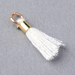 White Polycotton(Polyester Cotton) Tassel Pendant Decorations, with Unwelded Iron Jump Rings, Golden, White, 10~16x2mm, Hole: 1.5mm