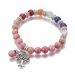 Rhodochrosite Chakra Jewelry, Natural Rhodochrosite Bracelets, with Metal Tree Pendants, 50mm