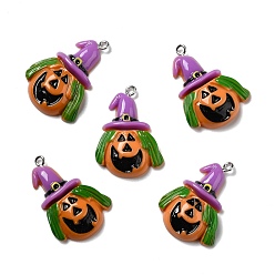 Colorful Halloween Opaque Resin Pendants, with Platinum Tone Iron Loops, Pumpkin with Witch Hat, Colorful, 32x24.5x7mm, Hole: 2mm