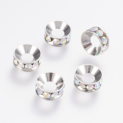 Crystal AB Brass Rhinestone Spacer Beads, Flat Round, Crystal AB, 9x4mm, Hole: 4mm