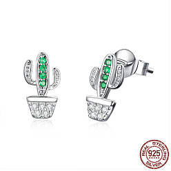Platinum Rhodium Plated 925 Sterling Silver Cubic Zirconia Stud Earrings, with 925 Stamp, Cactus, Real Platinum Plated, 10x6mm