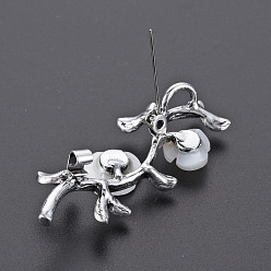 White Branch and Flower Natural Shell Brooch Pin, Alloy with Rhinestone Lapel Pin for Backpack Clothing, Lead Free & Cadmium Free, Antique Silver, White, 54~55x22x13~16mm, Hole: 4x6mm, Pin: 0.7mm