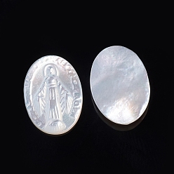 White Shell Natural White Shell Cabochons, Religion, Oval with Miraculous Medal, 13.5x10x2.5mm