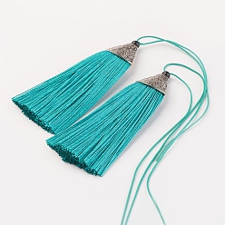 Turquoise Nylon Tassels Big Pendant Decorations, with CCB Plastic, Antique Silver, Turquoise, 85x20x10.5mm