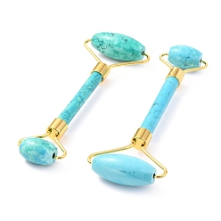 Natural Turquoise Natural Turquoise Brass Face Massager, Facial Rollers, Golden, 142~150x54~58x19~22mm