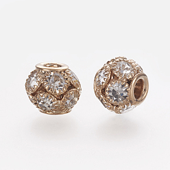 Crystal Brass Beads, with Grade A Rhinestone, Rondelle, Light Gold, Crystal, 12x10mm, Hole: 4mm