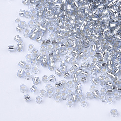 Argent Perles cylindriques en verre, Perles de rocaille, Argenté, trou rond, argenterie, 1.5~2x1~2mm, Trou: 0.8mm, environ 8000 pcs / sachet , environ 85~95 g /sachet 