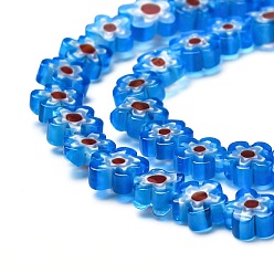 Bleu Ciel Foncé Main millefiori perles de verre brins, fleur, bleu profond du ciel, 4~7.2x2.6mm, Trou: 1mm, Environ 60~69 pcs/chapelet, 16 pouce (40 cm)