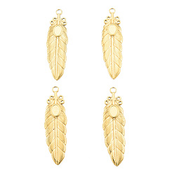 Real 18K Gold Plated Ion Plating(IP) 201 Stainless Steel Pendant Settings for Enamel, Feather, Real 18K Gold Plated, Tray: 4x6mm, 46.5x13x2mm, Hole: 2.5mm
