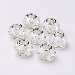 Clear Glass European Beads, Large Hole Beads, Faceted, Clear, with Iron Core in Silver Color Plated, Clear, 10x13mm, Hole: 5mm