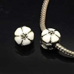 Blanc Perles européennes alliage émail fleur de style grand trou, argent antique, blanc, 10x11mm, Trou: 4mm