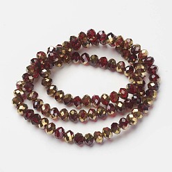 Dark Red Electroplate Transparent Glass Beads Strands, Half Golden Plated, Faceted, Rondelle, Dark Red, 3x2mm, Hole: 0.8mm, about 150~155pcs/strand, 15~16 inch(38~40cm)