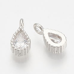 Real Platinum Plated Brass Cubic Zirconia Charms, Nickel Free, teardrop, Real Platinum Plated, 8x4x2mm, Hole: 1mm