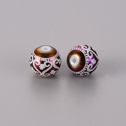 Purple Plated Electroplate Glass Beads, Round with Patten, Purple Plated, 10mm, Hole: 1.2mm