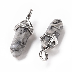 Map Stone Natural Map Stone Pendants, Faceted, with Platinum Tone Brass Findings, Lead free & Cadmium Free, Bullet, 27~30x9~10x7~8mm, Hole: 4x3mm