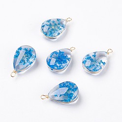 Dodger Blue Inner Flower Glass Pendants, with Long-Lasting Plated Brass Findings, Nickel Free, teardrop, Real 18K Gold Plated, Dodger Blue, 21.5~22.5x13~14.5x8~9mm, Hole: 1.8mm