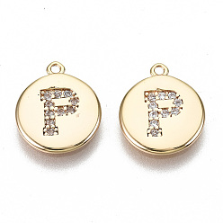 Letter P Brass Micro Pave Clear Cubic Zirconia Charms, Nickel Free, Real 18K Gold Plated, Flat Round, Letter.P, 11.5x10x1mm, Hole: 0.9mm