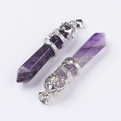 Amethyst Natural Amethyst Big Pointed Pendants, with Alloy Findings, Faceted, Bullet, Platinum, 59~63x11~12mm, Hole: 4x7mm