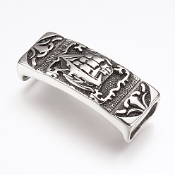 Antique Silver 316 Surgical Stainless Steel Slide Charms, Rectangle with Boat, Antique Silver, 39.5x16x10mm, Hole: 6.5x12.5mm