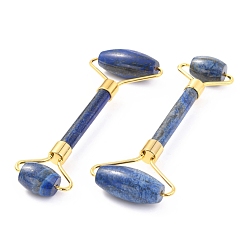 Lapis Lazuli Natural Lapis Lazuli Brass Face Massager, Facial Rollers, Golden, 142~150x54~58x19~22mm