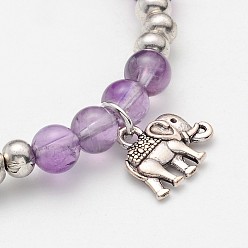 Amethyst Natural Amethyst Beaded Elephant Charm Stretch Bracelets, with Antique Silver Alloy Findings, 53mm