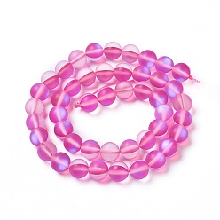 Magenta Synthetic Moonstone Beads Strands, Holographic Beads, Half AB Color Plated, Frosted, Round, Magenta, 6mm, Hole: 1mm, about 60pcs/strand, 15 inch