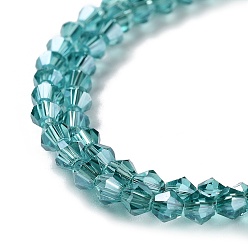 Cyan Electroplate Glass Beads Strands, Half Golden Plated, Faceted, Bicone, Cyan, 3x3mm, Hole: 1mm, about 128~135pcs/strand, 13.8 inch