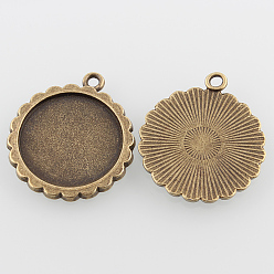 Antique Bronze Vintage Flat Round Alloy Pendant Cabochon Settings, Cadmium Free & Nickel Free & Lead Free, Antique Bronze, Tray: 20mm, 29x25x2mm, Hole: 2mm, about 240pcs/kg