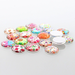 Mixed Color Half Round/Dome Floral Printed Glass Cabochons, Mixed Color, 20x6mm