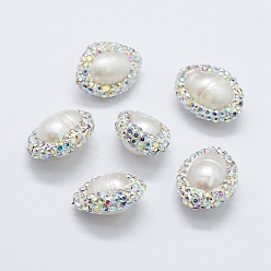 Blanc Culture des perles perles d'eau douce naturelles, avec argile polymère strass, ovale, blanc, 16~19x14~15x9~10mm, Trou: 0.5mm