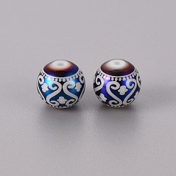 Blue Plated Electroplate Glass Beads, Round with Patten, Blue Plated, 10mm, Hole: 1.2mm