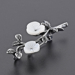 White Branch and Flower Natural Shell Brooch Pin, Alloy with Rhinestone Lapel Pin for Backpack Clothing, Lead Free & Cadmium Free, Antique Silver, White, 54~55x22x13~16mm, Hole: 4x6mm, Pin: 0.7mm