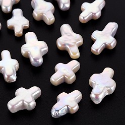 Seashell Color Natural Keshi Pearl Beads, Cultured Freshwater Pearl, No Hole/Undrilled, Cross, Seashell Color, 12.5~16x8~10x3.5~5mm