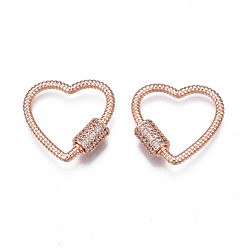 Rose Gold Brass Micro Pave Clear Cubic Zirconia Screw Carabiner Lock Charms, for Keychain Making, Heart, Rose Gold, 24x23~24x6mm, Column: 8x6mm