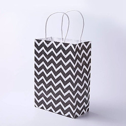 Noir Sacs en papier kraft, avec poignées, sacs-cadeaux, sacs à provisions, rectangle, motif de vague, noir, 21x15x8 cm