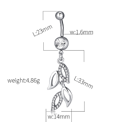 Platine Bijoux piercing, anneau de nombril en laiton zircone cubique, anneaux de ventre, avec 304 barre en acier inoxydable, sans plomb et sans cadmium, feuille, clair, platine, 56x14mm, longueur de la barre : 3/8"(10mm), barre : 14 jauge (1.6 mm)