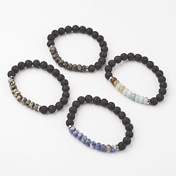Mixed Stone Natural Gemstone Stretch Bracelets, with Lava Rock Beads and Brass Spacer Beads, Abacus and Round, Faceted, 54mm(2-1/8 inch)